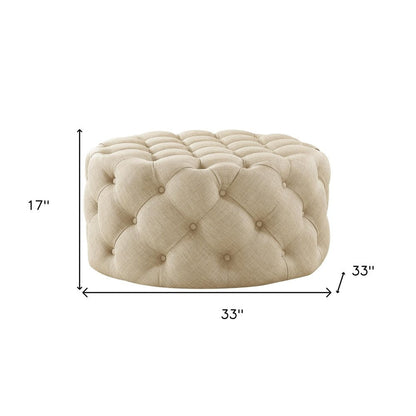 33" Beige Linen  Rolling Tufted Round Cocktail Ottoman HomeRoots