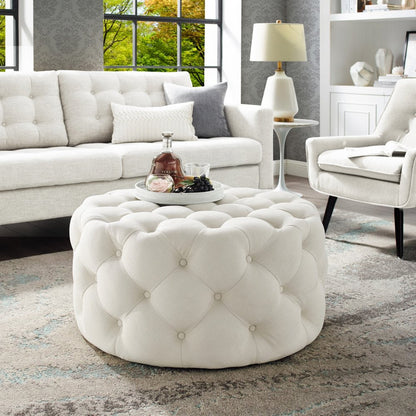 33" Beige Linen  Rolling Tufted Round Cocktail Ottoman HomeRoots