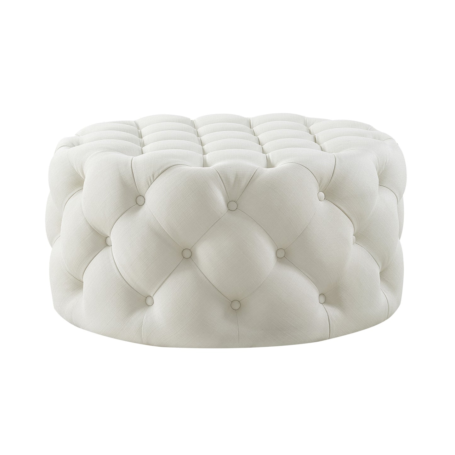 33" White Linen Rolling Tufted Round Cocktail Ottoman