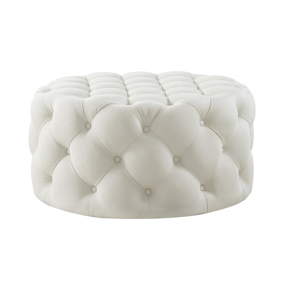 33" Beige Linen  Rolling Tufted Round Cocktail Ottoman HomeRoots