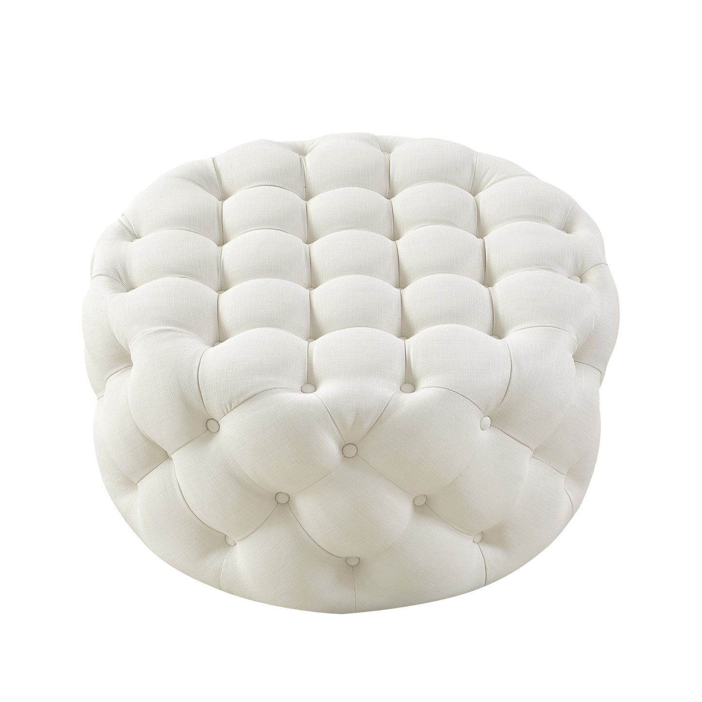 33" White Linen Rolling Tufted Round Cocktail Ottoman