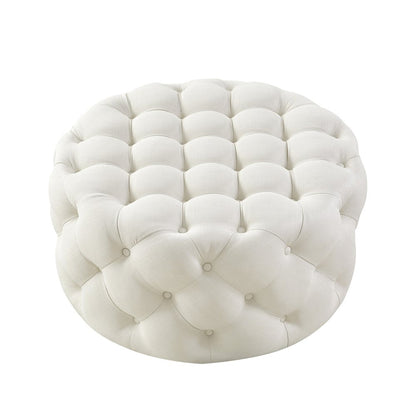 33" Beige Linen  Rolling Tufted Round Cocktail Ottoman HomeRoots