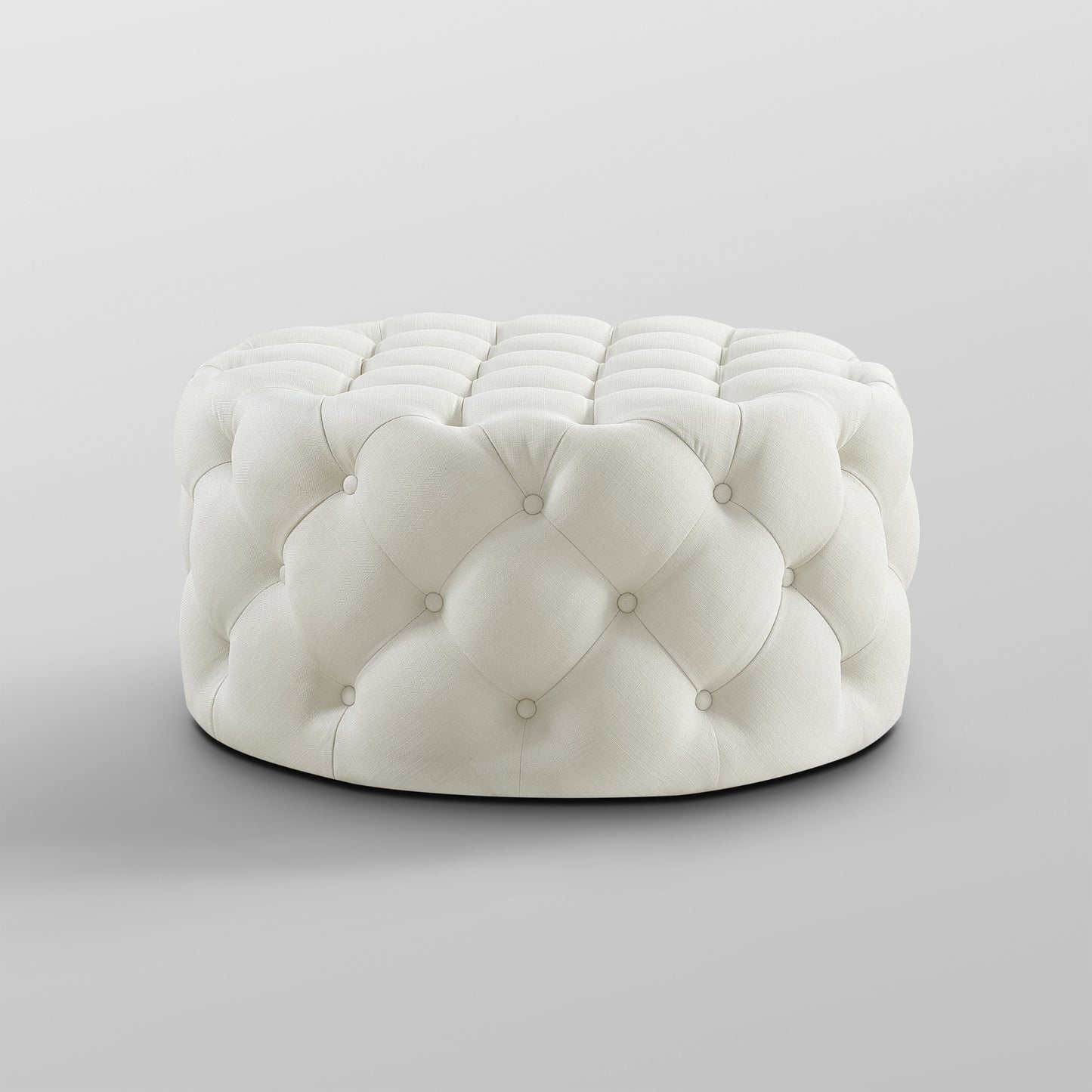 33" White Linen Rolling Tufted Round Cocktail Ottoman