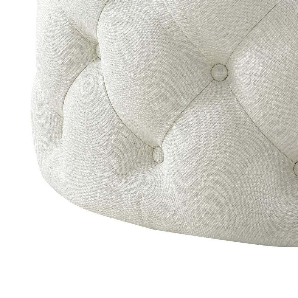 33" Beige Linen  Rolling Tufted Round Cocktail Ottoman HomeRoots