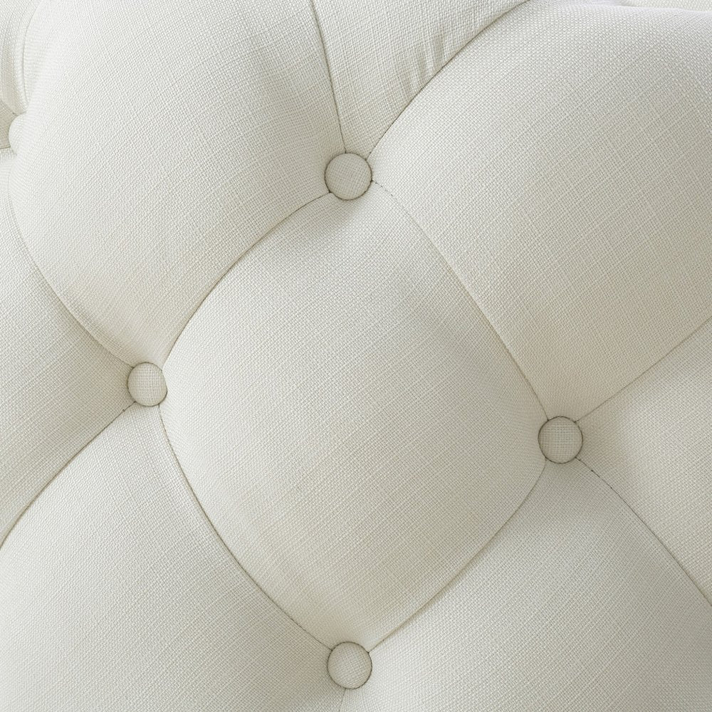 33" Beige Linen  Rolling Tufted Round Cocktail Ottoman HomeRoots
