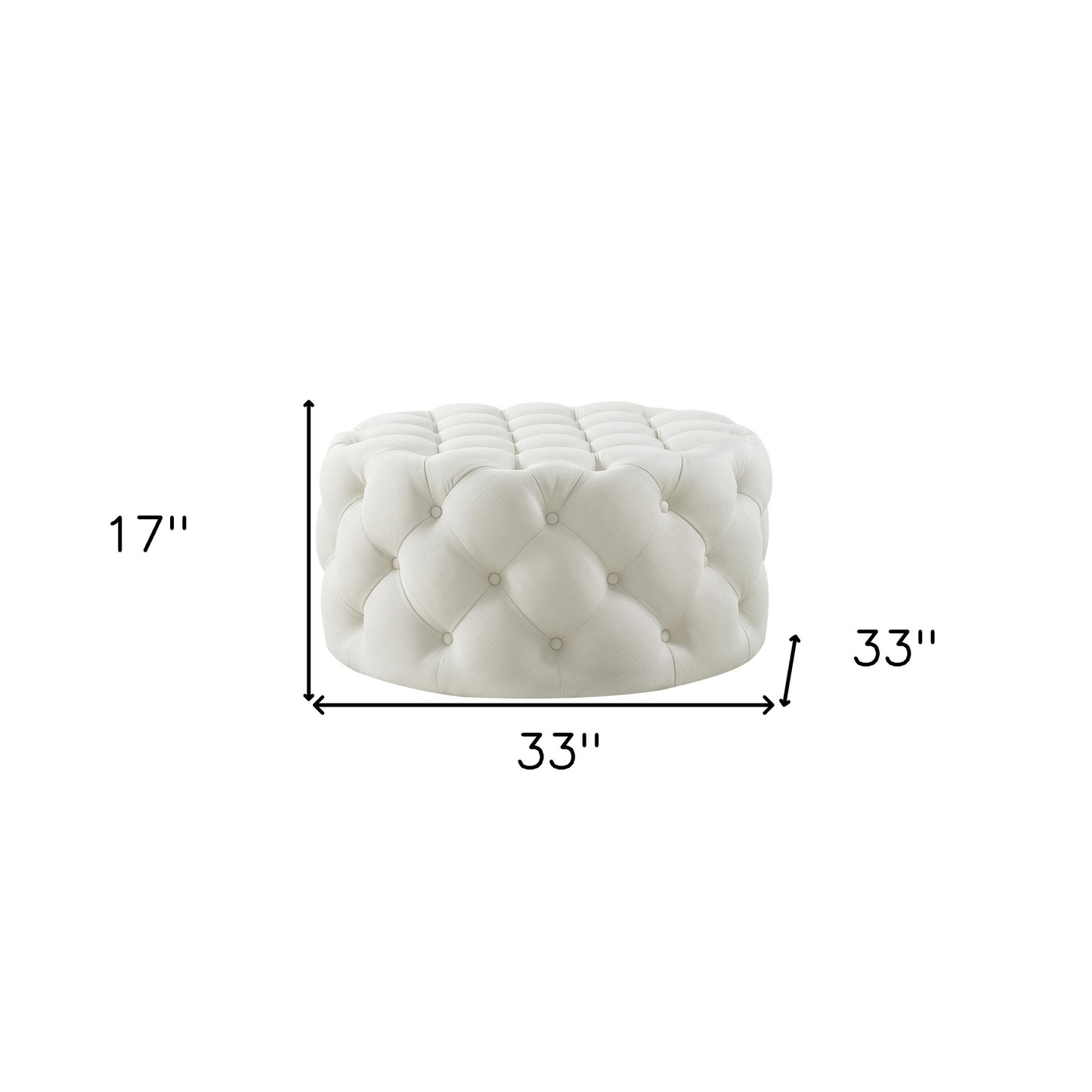 33" White Linen Rolling Tufted Round Cocktail Ottoman