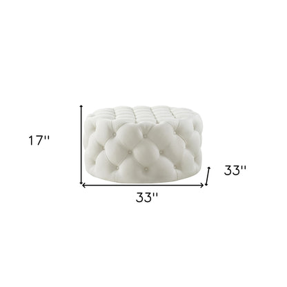 33" White Linen Rolling Tufted Round Cocktail Ottoman