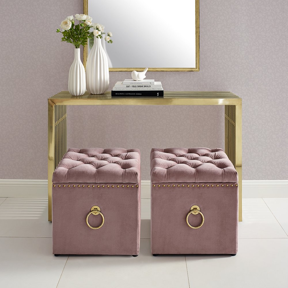 18" Blush Velvet And Black Tufted Storage HomeRoots