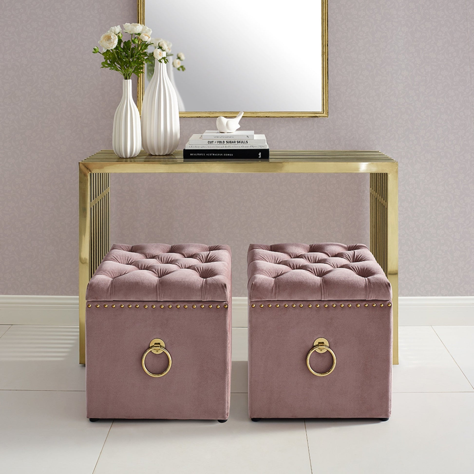18" Blush Velvet And Black Tufted Storage HomeRoots