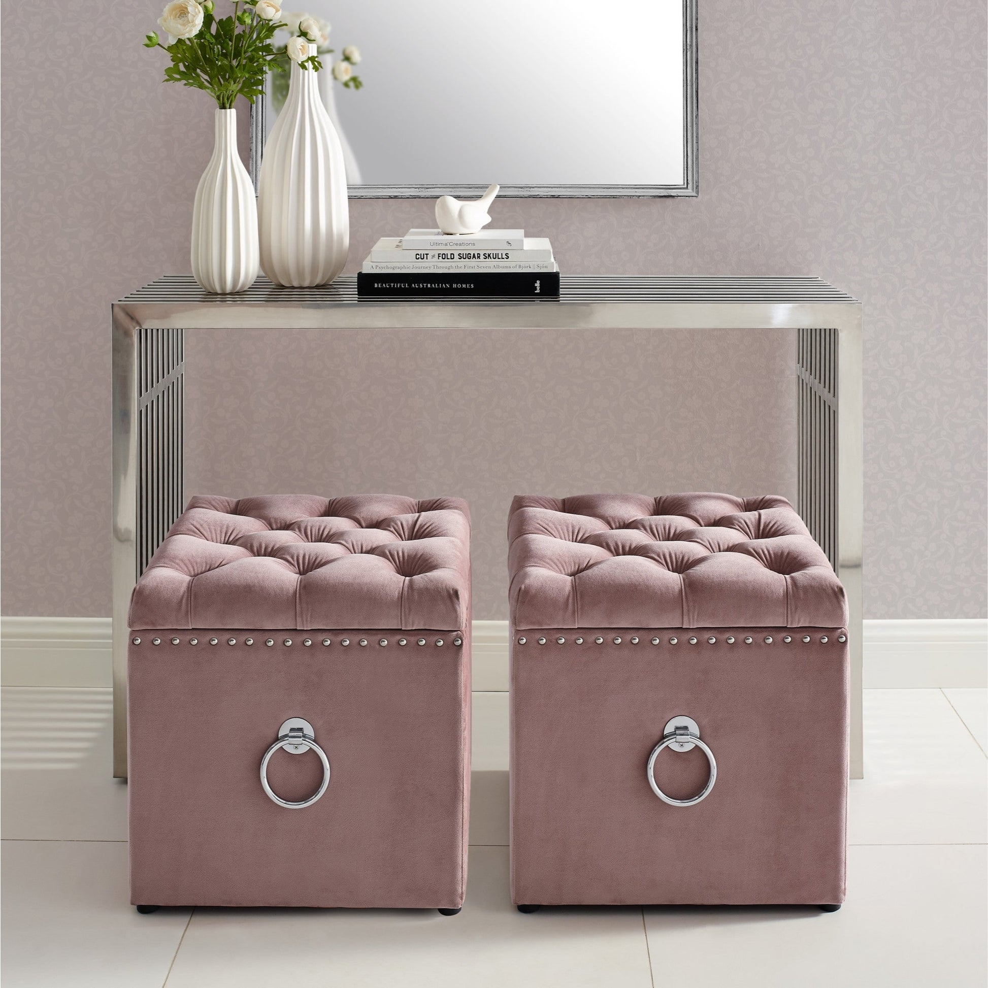 18" Blush Velvet And Black Tufted Storage HomeRoots