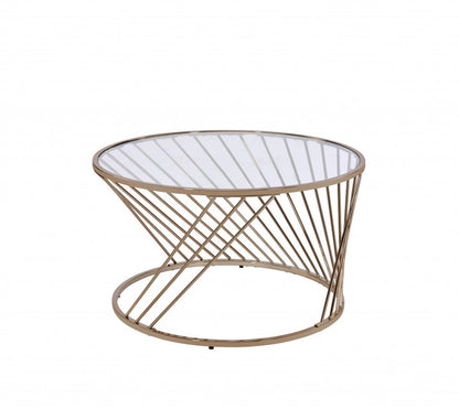 32" Clear and Champagne Glass And Metal Round Frame Coffee Table HomeRoots