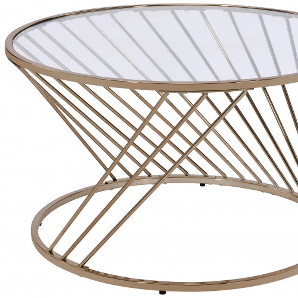 32" Clear and Champagne Glass And Metal Round Frame Coffee Table HomeRoots