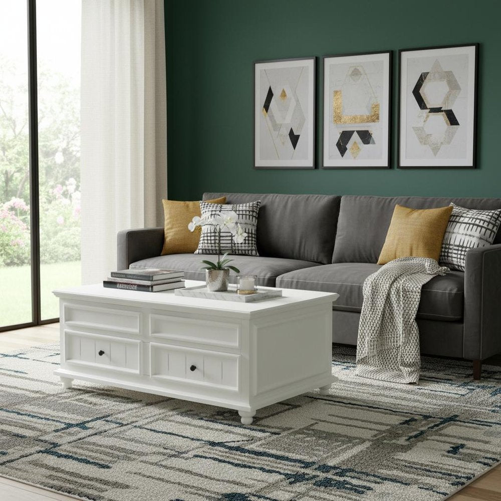 48" White Wood Lift Top Solid Coffee Table With Two Drawers HomeRoots