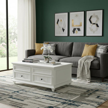 48" White Wood Lift Top Solid Coffee Table With Two Drawers HomeRoots