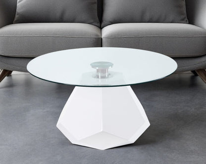 34" Clear And White Glass Round Coffee Table