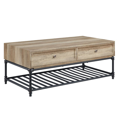47" Oak and Brown Metal Coffee Table With Two Drawers And Shelf HomeRoots