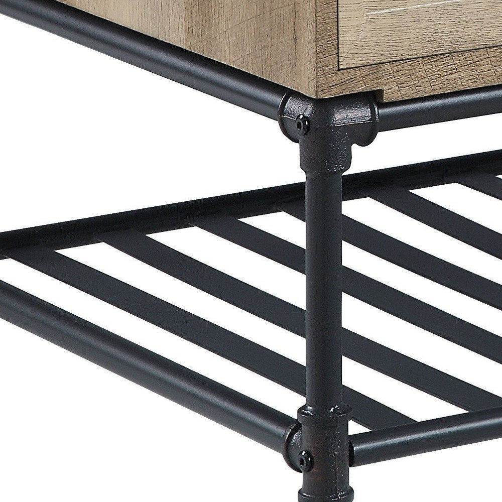 47" Oak and Brown Metal Coffee Table With Two Drawers And Shelf HomeRoots