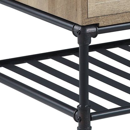 47" Oak and Brown Metal Coffee Table With Two Drawers And Shelf HomeRoots