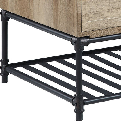 47" Oak and Brown Metal Coffee Table With Two Drawers And Shelf HomeRoots
