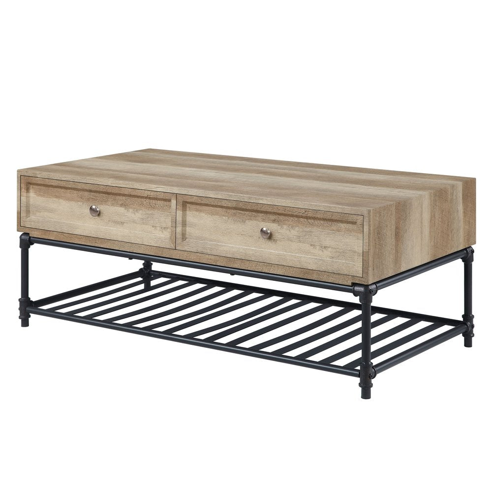 47" Oak and Brown Metal Coffee Table With Two Drawers And Shelf HomeRoots