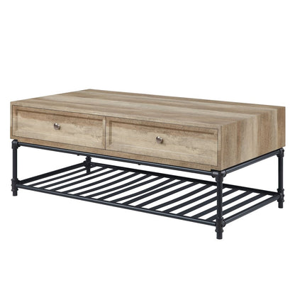 47" Oak and Brown Metal Coffee Table With Two Drawers And Shelf HomeRoots