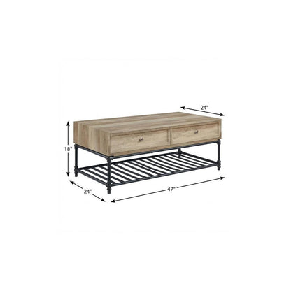47" Oak and Brown Metal Coffee Table With Two Drawers And Shelf HomeRoots