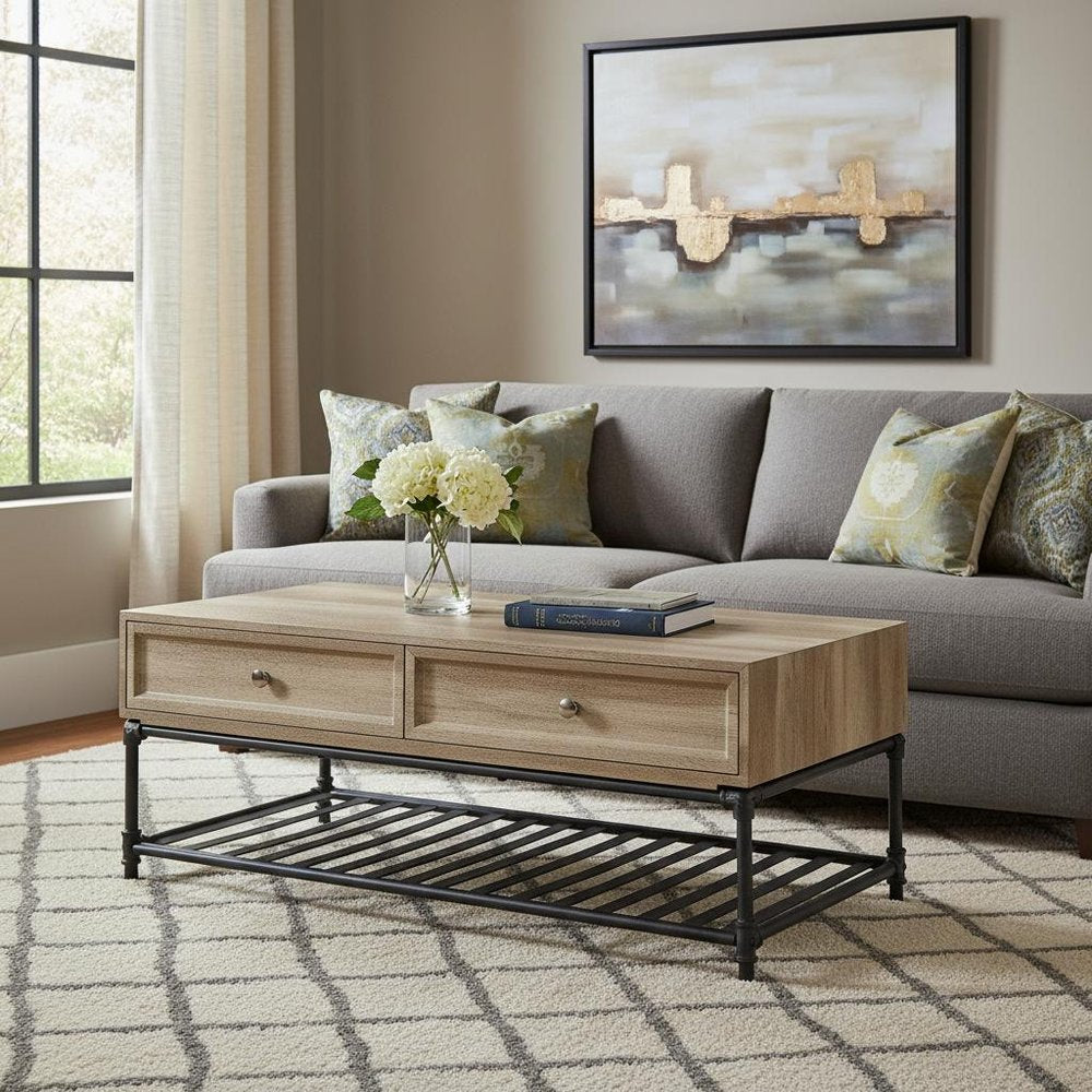 47" Oak and Brown Metal Coffee Table With Two Drawers And Shelf HomeRoots