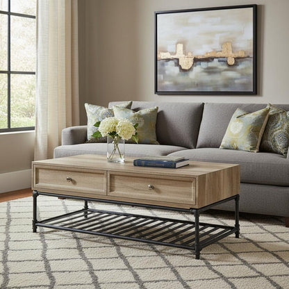 47" Oak and Brown Metal Coffee Table With Two Drawers And Shelf HomeRoots