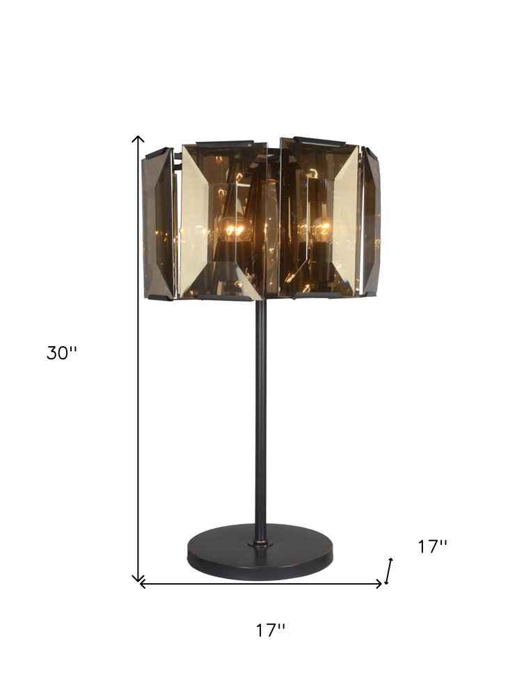 30" Bronze Metal Four Light Cylinder Bedside Table Lamp With Amber Round Shade — view 3