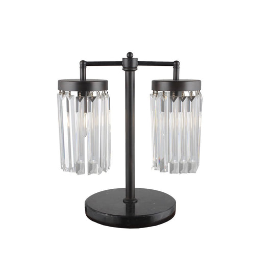 18" Black Iron Two Light Cylinder Bedside Table Lamp With Clear Cylinder Shade HomeRoots
