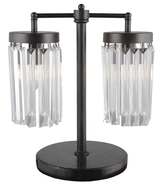 18" Black Iron Two Light Cylinder Bedside Table Lamp With Clear Cylinder Shade HomeRoots