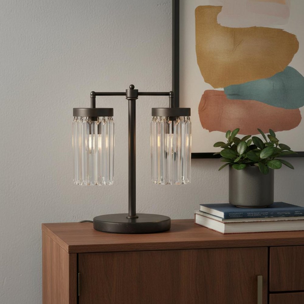 18" Black Iron Two Light Cylinder Bedside Table Lamp With Clear Cylinder Shade HomeRoots