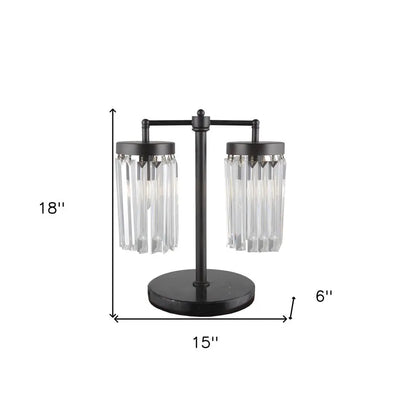 18" Black Iron Two Light Cylinder Bedside Table Lamp With Clear Cylinder Shade HomeRoots
