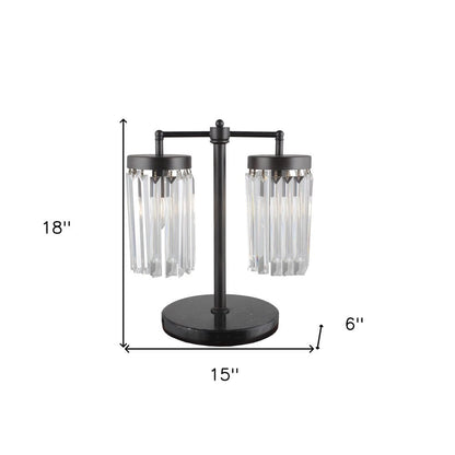 18" Black Iron Two Light Cylinder Bedside Table Lamp With Clear Cylinder Shade HomeRoots