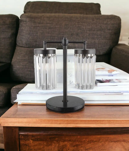 18" Black Iron Two Light Cylinder Bedside Table Lamp With Clear Cylinder Shade HomeRoots