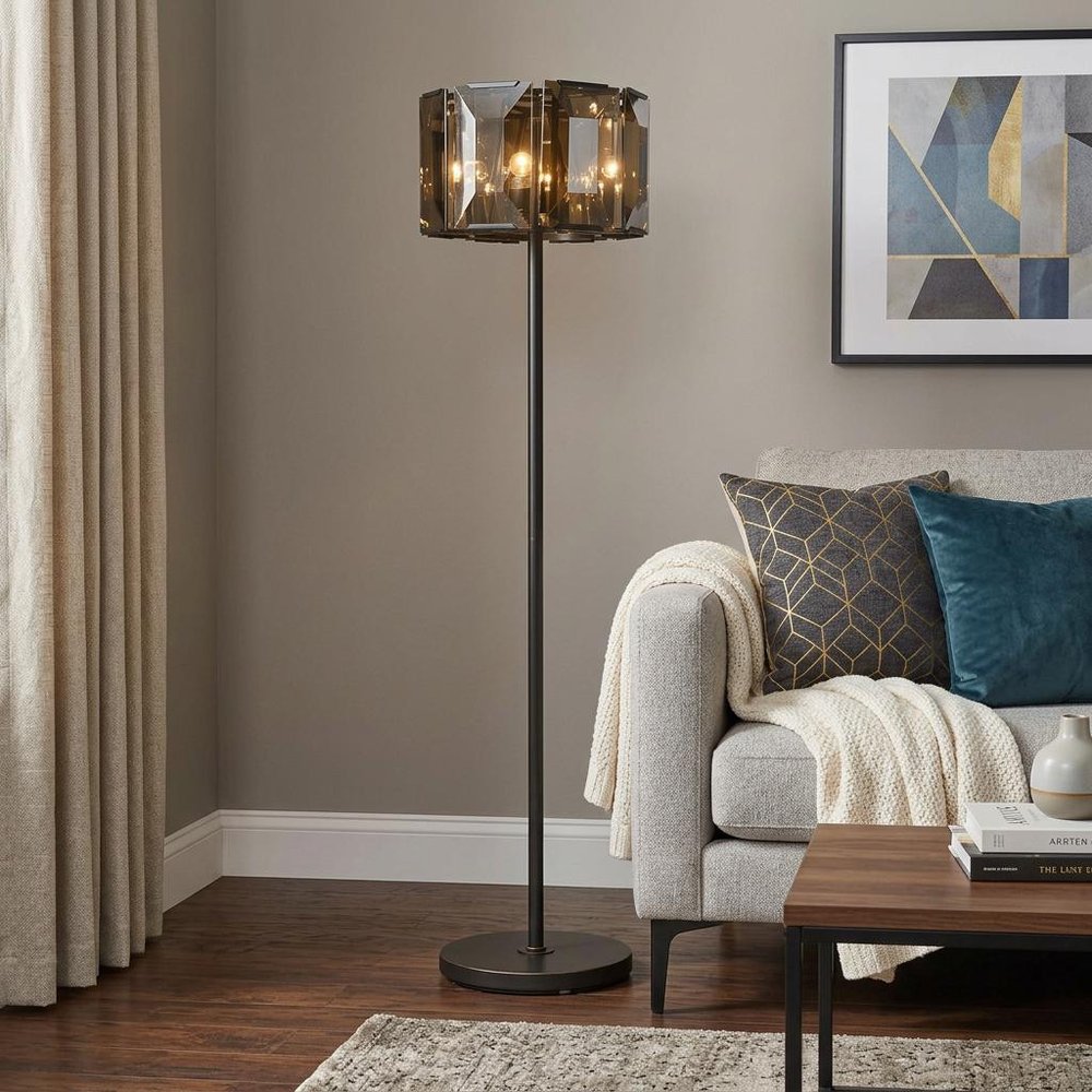 68" Dark Bronze Floor Lamp With Amber Solid Color Beveled Glass Drum Shade HomeRoots