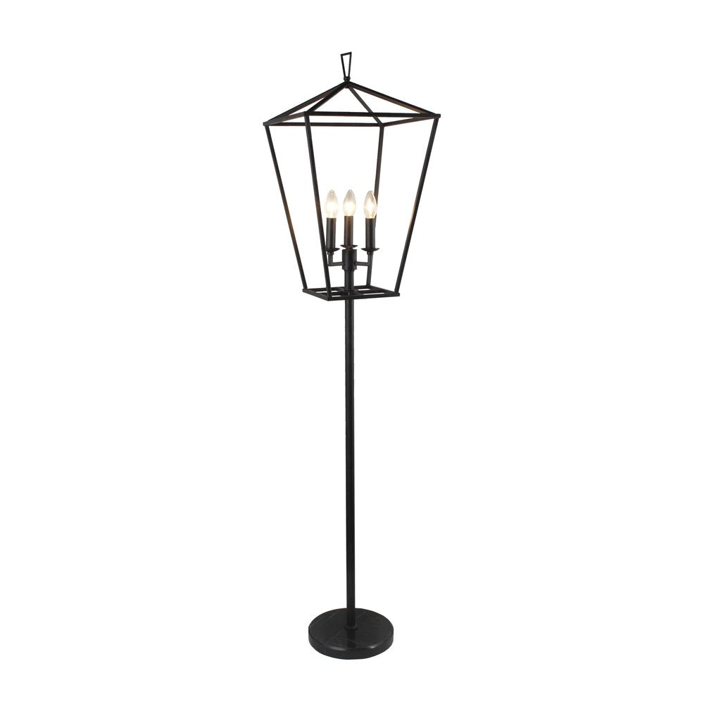 64" Black Three Light Floor Lamp With Black Geometric Shade — view 1