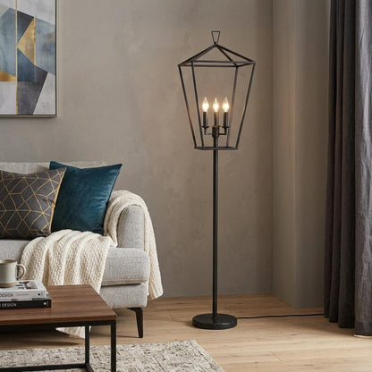 64" Black Three Light Floor Lamp With Black Geometric Shade HomeRoots