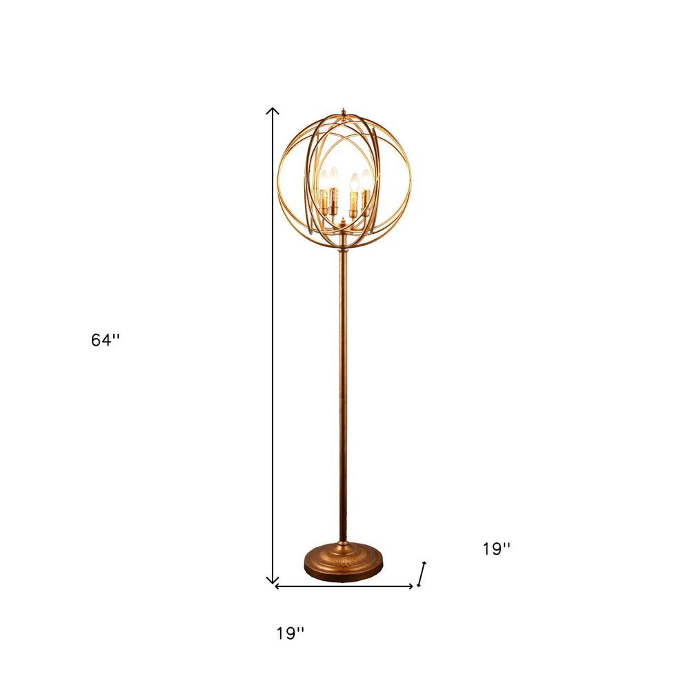 64" Gold Four Light  Floor Lamp With Modern Gold Geometric Globe Shade — view 3