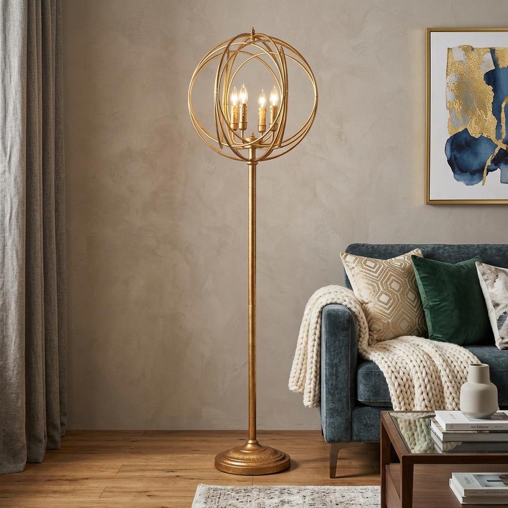 64" Gold Four Light  Floor Lamp With Modern Gold Geometric Globe Shade HomeRoots