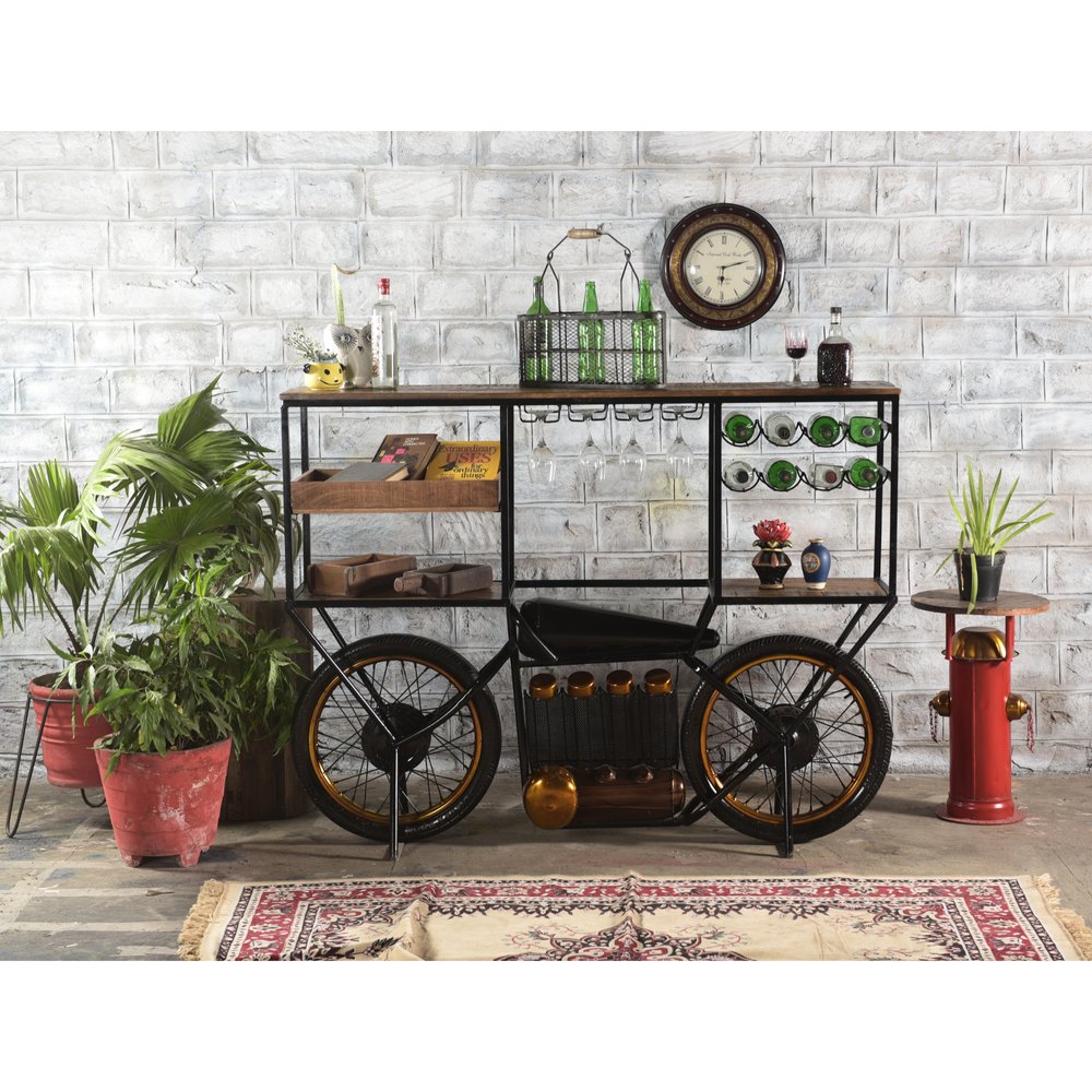 Brown and Black Metal And Solid Wood Bar Cart With Wine Storage HomeRoots