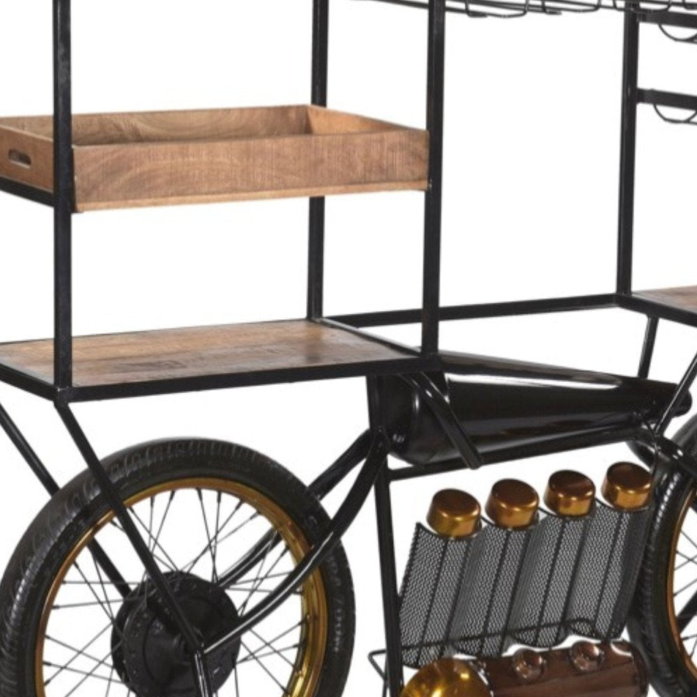 Brown and Black Metal And Solid Wood Bar Cart With Wine Storage HomeRoots