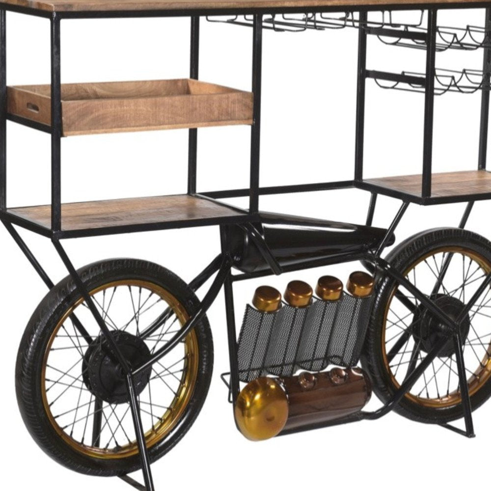 Brown and Black Metal And Solid Wood Bar Cart With Wine Storage HomeRoots