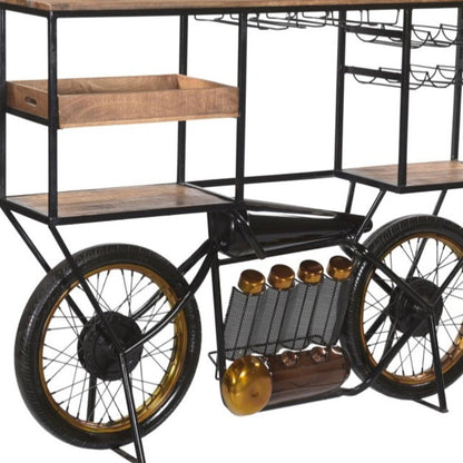 Brown and Black Metal And Solid Wood Bar Cart With Wine Storage HomeRoots
