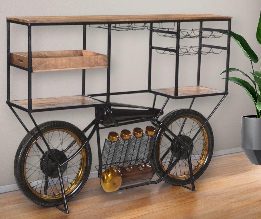 Brown and Black Metal And Solid Wood Bar Cart With Wine Storage HomeRoots