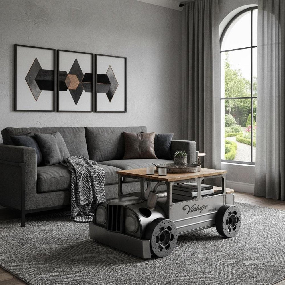 42" Grey And Brown Vintage Style Truck Solid Wood and Metal Coffee Table HomeRoots