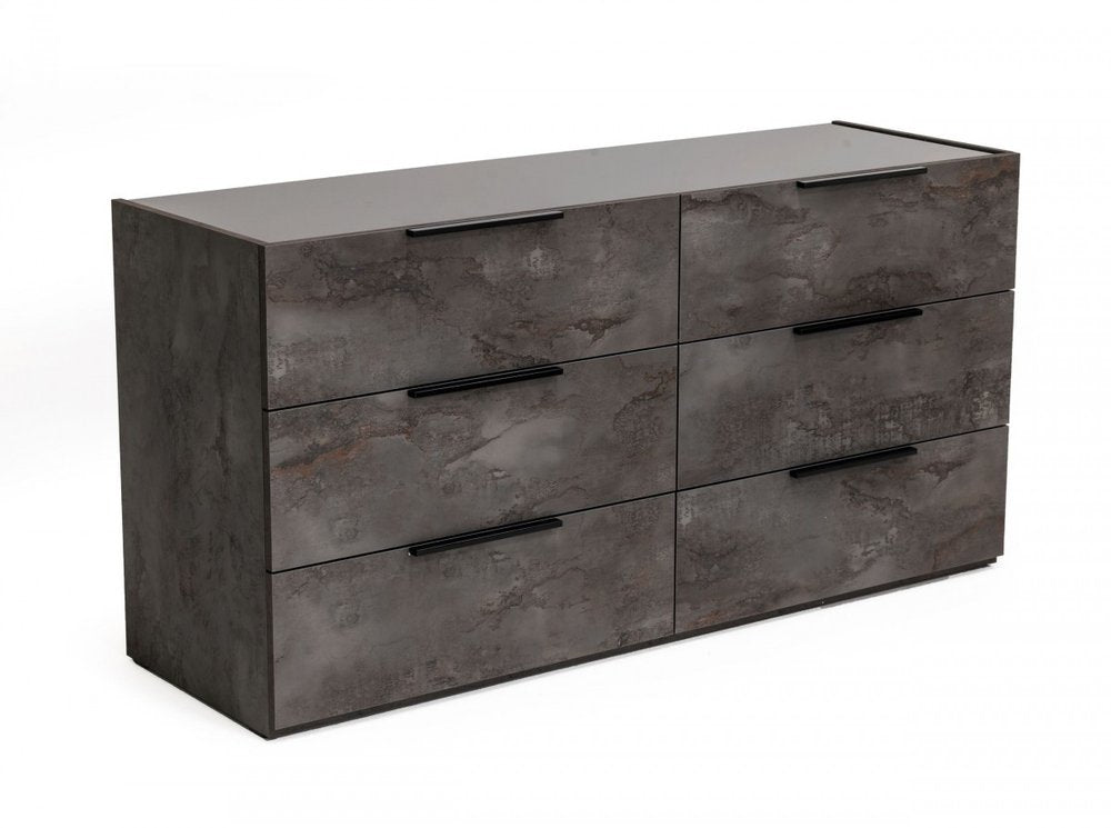 61" Grey Faux Marble Solid Manufactured Wood Six Drawer Double Dresser HomeRoots