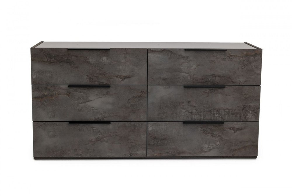 61" Grey Faux Marble Solid Manufactured Wood Six Drawer Double Dresser HomeRoots