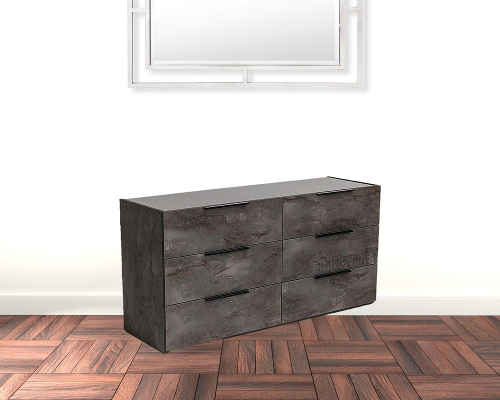 61" Grey Faux Marble Solid Manufactured Wood Six Drawer Double Dresser HomeRoots