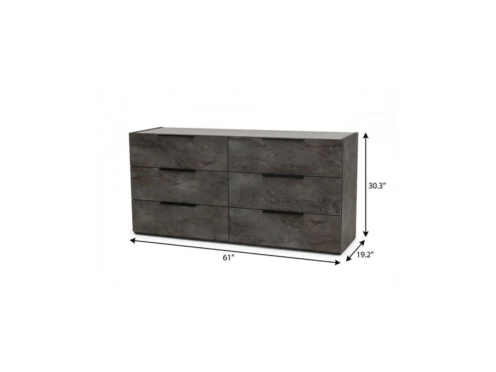 61" Grey Faux Marble Solid Manufactured Wood Six Drawer Double Dresser HomeRoots